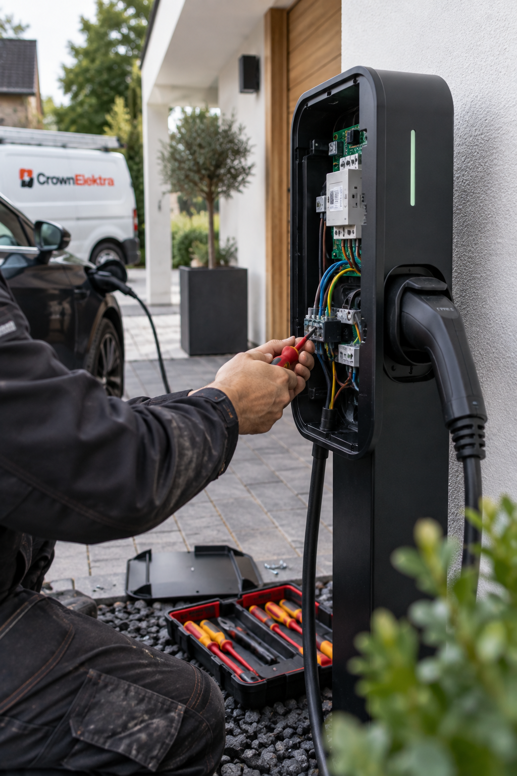 Elektricien van CrownElektra aan het werk — laadpaal storing