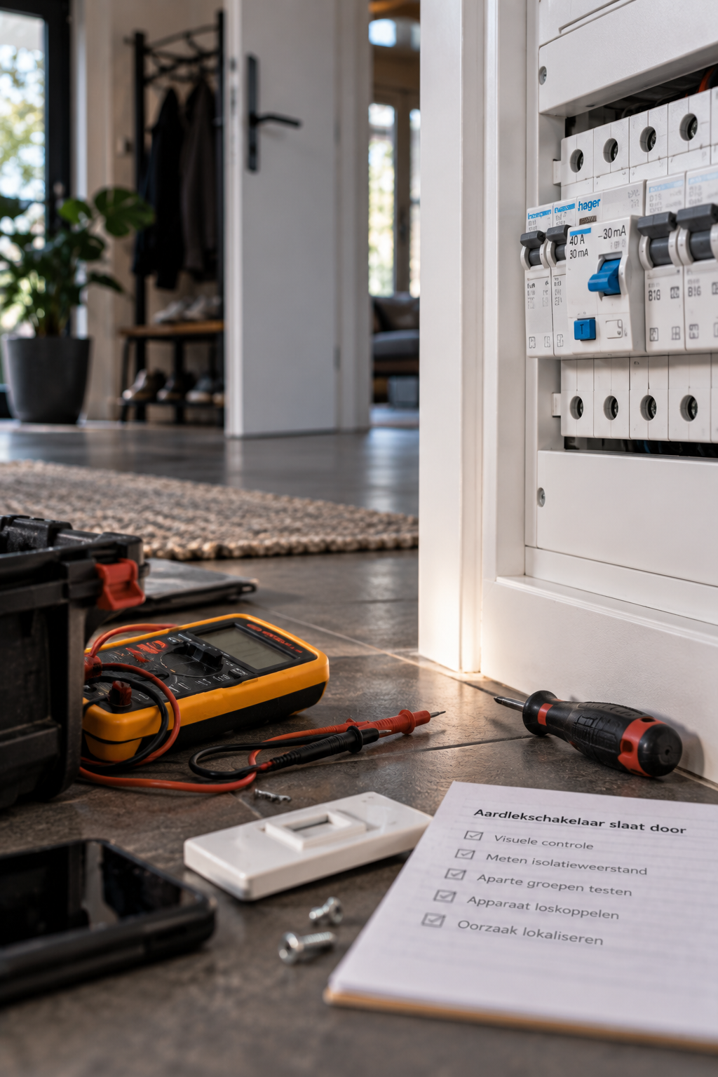 Elektricien van CrownElektra aan het werk — aardlekschakelaar slaat door